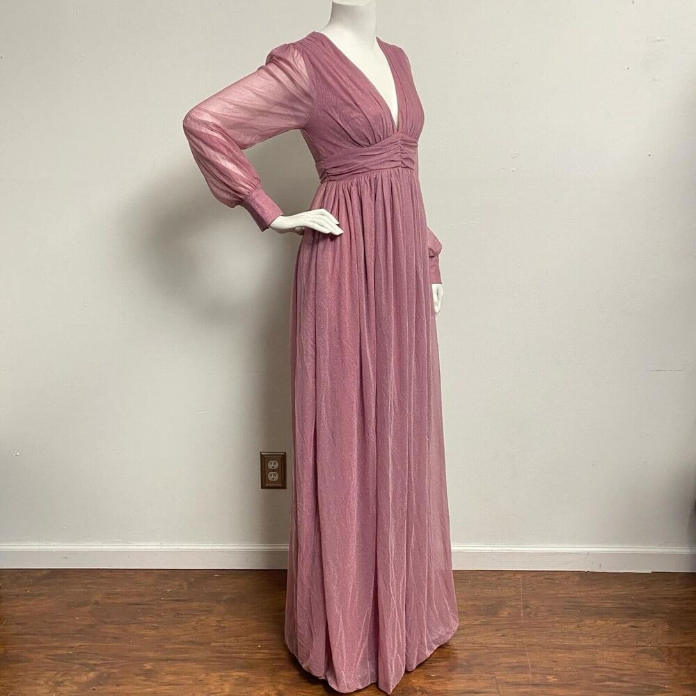 Faeriesty Dusty Rose VNeck Shear Long Sleeve Bridesmaid Dress Ruched A-line Sz S - Picture 3 of 12